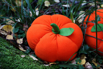 Halloween festive decoration pumpkin on old moss and grass covered tree