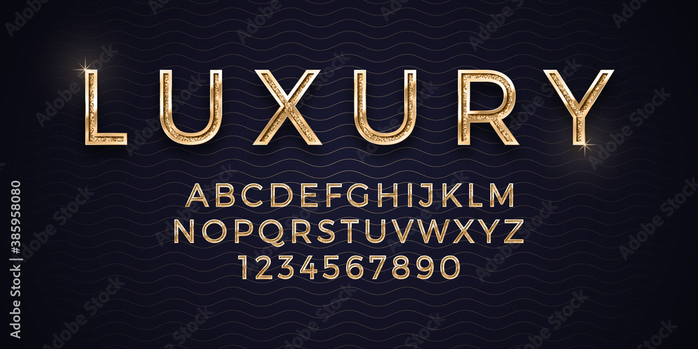 Fototapete 3d vector elegant luxury golden font isolated on abstract background. premium royal vip gold alphabe