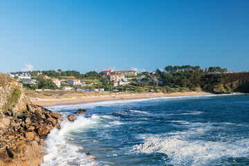 Fototapeta na wymiar Wide-angle view of a beach in Portonovo outside the Ria de Pontevedra, Spain.