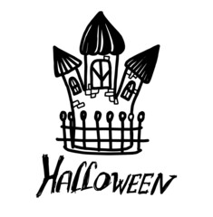 Element isolated on white background. Castle with three towers, windows. Wall with bricks. doodle. Handwritten lettering. Halloween. Ideal for decorating a holiday: poster, invitation, postcard.