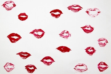 The red lips kisses on a white background. Lipstick kisses set. Kiss lipstick marks for your...