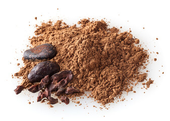Heap of cacao powder with cocoa beans isolated on white background