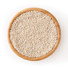 Dried white quinoa seeds in wooden bowl isolated on white background with clipping path