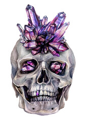 Watercolor Illustration of Skull in Amethyst Crown with Crystals in Eyes. - 385960008