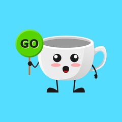 vector illustration of Cute Coffee Cup mascot or character holding sign says go. Cute Coffee Cup Concept White Isolated. Flat Cartoon Style Suitable for Landing Page, Banner, Flyer, Sticker.