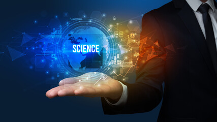 Elegant hand holding SCIENCE inscription, digital technology concept