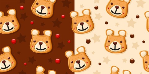  Two Pattern from gingerbread in the shape of a bear, new year, christmas. Icon.
