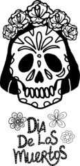 Isolated element on a white background. Skull with patterns and a volumetric wreath of roses. doodle. Female skull with the inscription day of the dead. Mexico. Ideal for themed posters and flyers.