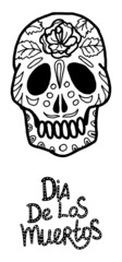 Isolated element on a white background. Skull with patterns and a large rose on the forehead. doodle. Female skull in colors with the inscription day of the dead. Mexico. Ideal for themed posters.