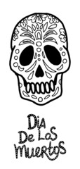 Isolated element on a white background. Skull with patterns. Made using doodle technique. Skull with the inscription day of the dead. Mexico. Ideal for themed posters and flyers.