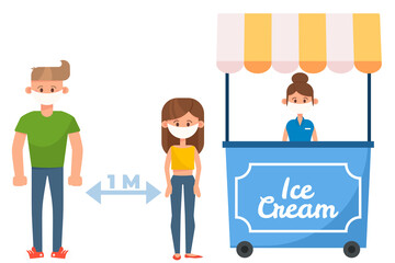 Distance vector in queue of people. Characters waiting, stay safe coronavirus disease. Epidemic protective equipment, group characters with face masks. Cartoon humar keep the 1 meter distance.