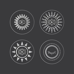 Four Silver Abstract outline Suns or Moons with Eyes. Minimalistic round Icons. Astrology esoteric mystic concept. Elegant geometric design. Trendy Vector Set. Simple design. All elements are isolated
