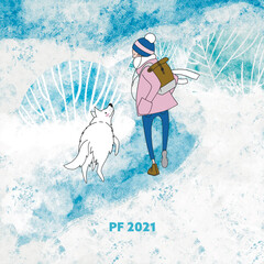 Girl walking out with a cute white dog. PF 2021 Card. 