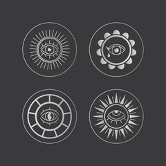 Four Silver Abstract outline Suns or Moons with Eyes. Minimalistic round Icons. Astrology esoteric mystic concept. Elegant geometric design. Trendy Vector Set. Simple design. All elements are isolated