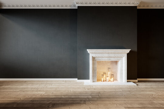 Modern classic black interior with fireplace and candles. 3d render illustration mock up.