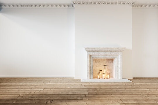 Modern classic white interior with fireplace and candles. 3d render illustration mock up.