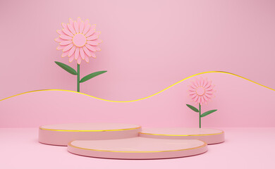 Fototapeta premium podium empty with geometric shapes in pink pastel composition for modern stage display and minimalist mockup ,abstract showcase background ,Concept 3d illustration or 3d render