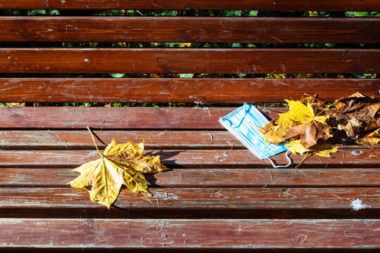 abandoned medical face fask and fallen maple leaves on surface of wooden bench closeup on autumn day