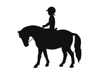 Little girl riding a pony, standing still, vector silhouette