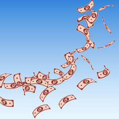 Russian ruble notes falling. Floating RUB bills on