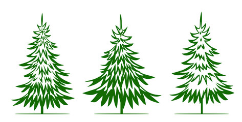 A set of green Christmas Trees. Winter season design elements and simply pictogram collection. Isolated vector xmas Icons and Illustration.