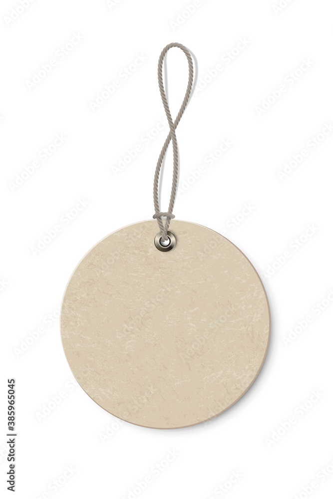 Poster blank beige round paper price tag isolated on transparent background. circle shape label with ropes.