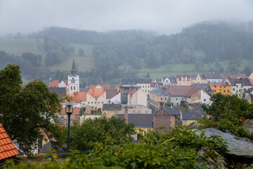 Fototapeta na wymiar Medieval Vimperk town with castle in the national park and protected landscape area of Sumava, South Bohemia, Czech Republic