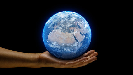Hand holding a realistic earth planet. Ruling power concept using earth on hands. World globe asia to europe.
