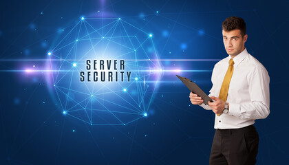 Businessman thinking about security solutions with SERVER SECURITY inscription