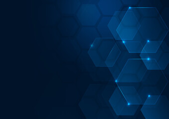 Abstract technology futuristic hexagon overlapping pattern with blue light effect on dark blue background.