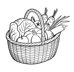 Group of vegetables in basket. Outline black and white vector illustration. Pumpkin, cabbage, eggplant, carrot, onion, tomato, apple