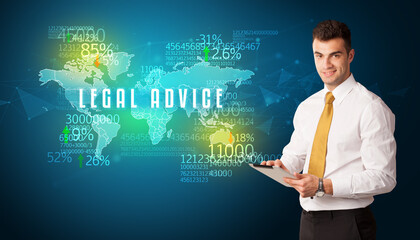 Businessman in front of a decision with LEGAL ADVICE inscription, business concept