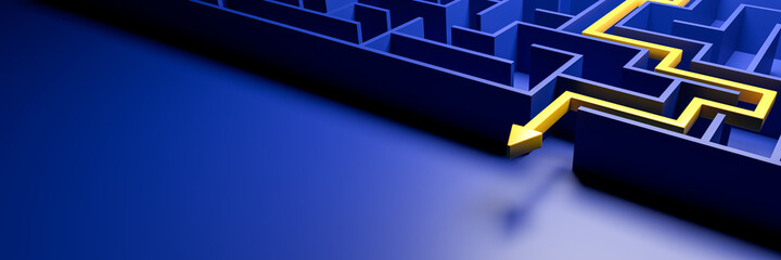3d rendering: Concept - solving a complex problem. Blue maze and floor with yellow solution path...