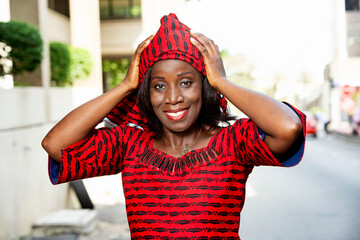 closeup of a mature happy african woman.