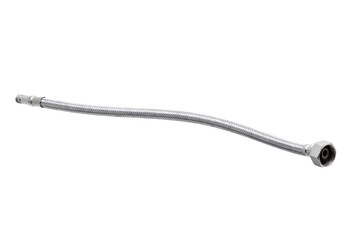 gray curved steel bound plumbing braided bathroom hose with fitting and thread for fixing to faucet isolated on white background with copy space, nobody.