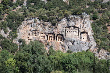 Fototapeta na wymiar Famous lycian tombs made in the rock. Dalyan, Turkey