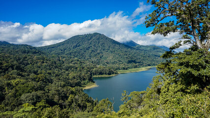 Beautiful natural scenery of tropical mountain lakes from the top of a cliff in Bali