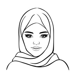 Portrait of muslim beautiful woman in hijab. Black and white sketch vector illustration for avatar, logo.