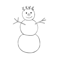 Vector illustration of a snowman. The character is drawn by hands on a white background. Silhouette made of snow ink contour. Design for Christmas, winter holidays, card, template, print, icon, poster