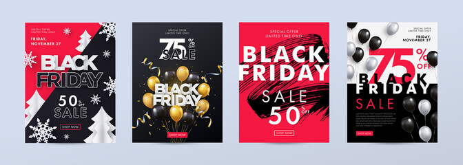 Black Friday Sale. Poster Set with black grunge brush stroke, paper cut firs and snowflakes, realistic helium balloons, modern paper typography. Template for print, advertising, social and fashion ads