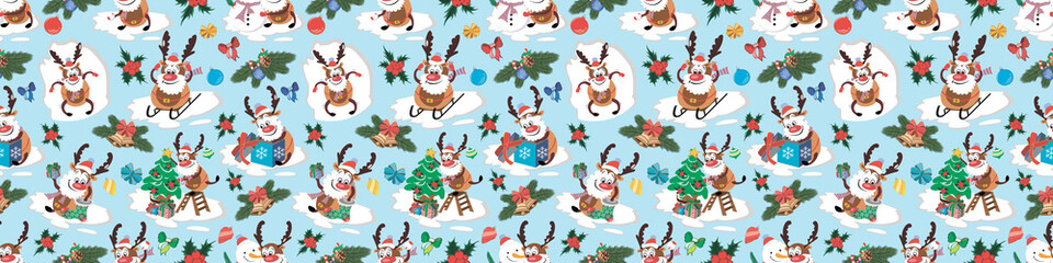 Christmas seamless pattern. New Year cartoon characters. Celebration. Concept for design and printing on packaging. Scalable seamless background