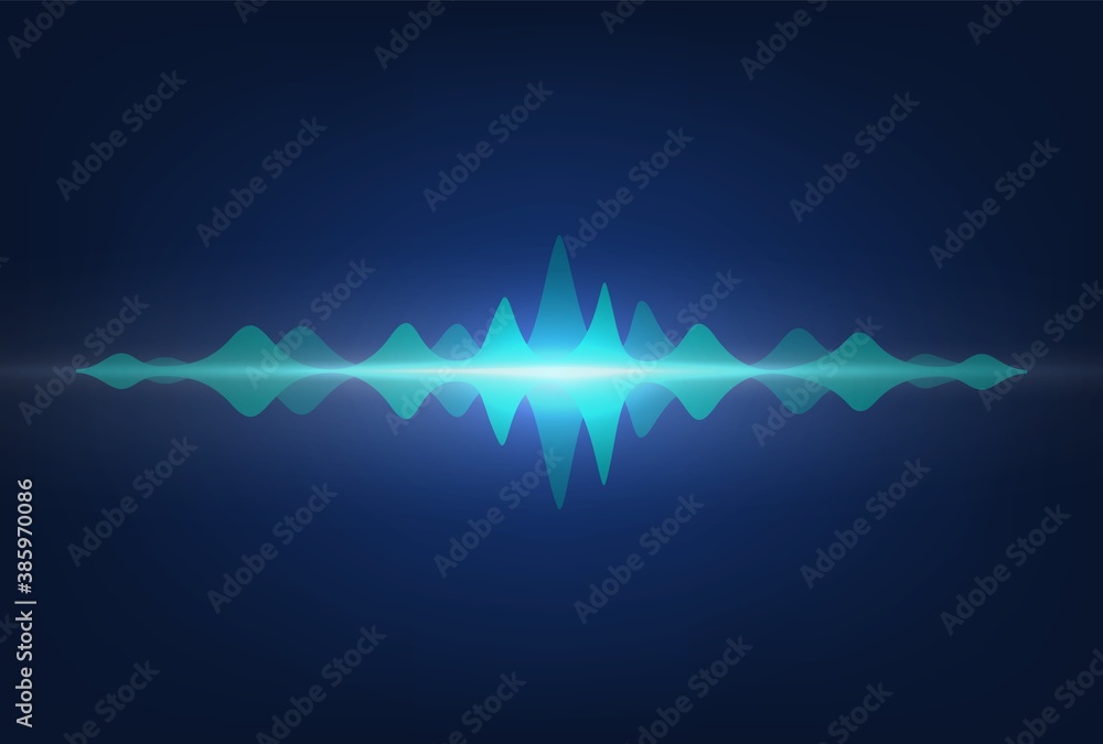 Poster Sound waves. Frequency audio signal amplitude. Neon wavy highs on recorder display. Media technologies for soundtracks recording in music studio. Vector colorful digital voice spectrum illustration
