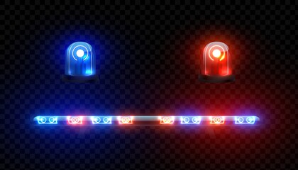 Realistic ambulance siren. 3D red blue lamps of police car on transparent background. Vehicle electronic light equipment for attract attention, patrol or medical auto bulbs. Vector led illumination