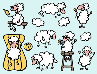 Vector color illustration in cartoon style: a set of sheep character on vacation