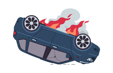 Burning car. Cartoon auto accident, inverted car with fire. Damaged vehicle, broken windows and dark smoke. Tow truck advertising, road traffic poster. Vector automobile crash isolated illustration - obrazy, fototapety, plakaty