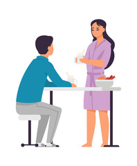 Family breakfast. Happy couple spending time together. Cartoon young man and woman staying at home. Cute wife gives husband hot coffee, cozy home scene. Vector morning meal flat isolated illustration