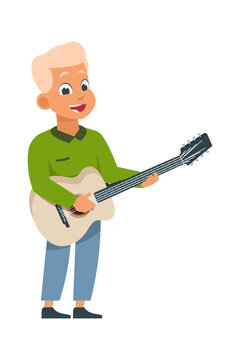 Cartoon boy with guitar. Children playing musical instrument at home, class or performance. Music education, artist or sound tools advertising, vector hobby, career and leisure activity illustration