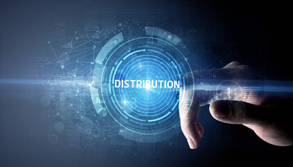 Hand touching DISTRIBUTION button, modern business technology concept