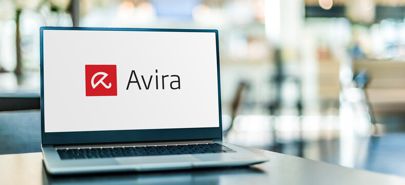 Laptop computer displaying logo of Avira