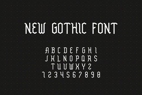 Gothic font. Geometric medieval alphabet with uppercase letters and numbers. Stylized Latin signs collection on black background. Vintage typeface for labels and poster headers vector illustration